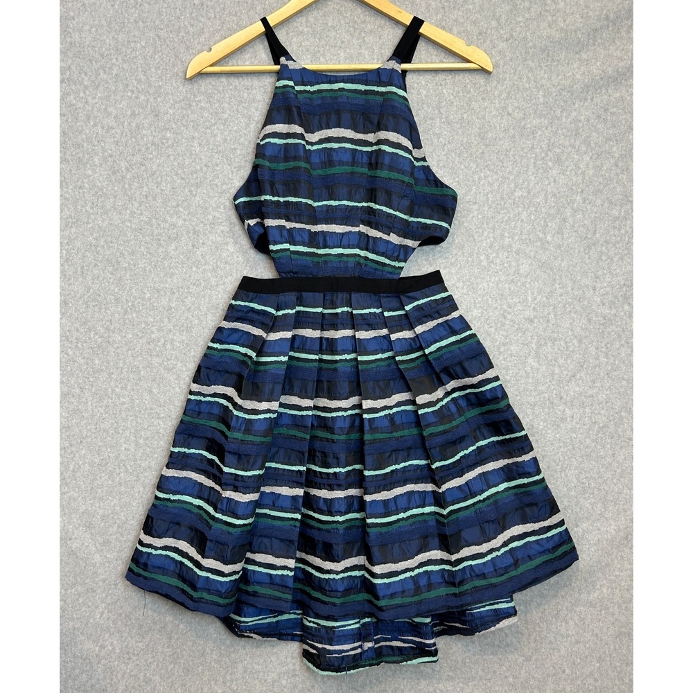 Hunter Bell Cut-Out Mini Sea Stream Dress Blue Green Striped Jacquard Size XS ?